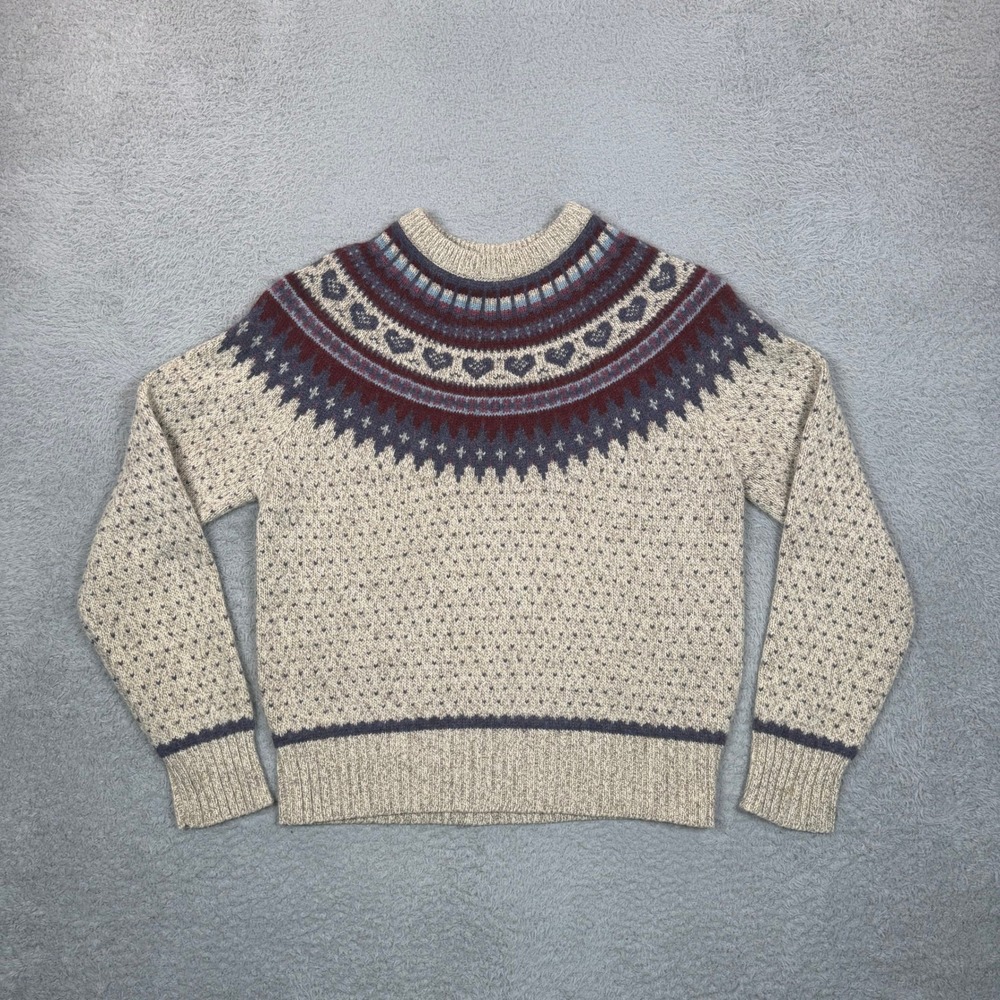 Eddie Bauer Vintage Fair Isle Wool Blend Heart Yoke‎ Sweater Mens Large Tan L